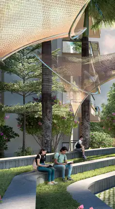 loungers under garden umbrella